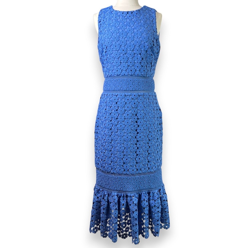 READ Badgley Mischka Blue Floral Lace Midi Dress Sleeveless  Sz 4 Est No Tag